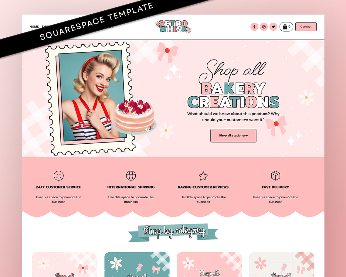 Retro Pink Squarespace, Template for Bakeries, baking website, baker shop, cake website, website templates, Squarespace template, pastry website, online store, online bakery, cake shop, vintage website, customizable website